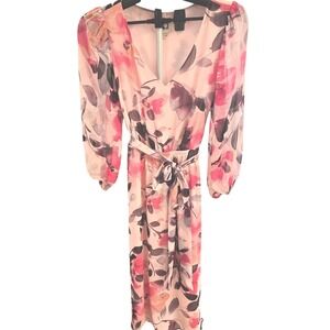 Anne Klein Long Balloon Sleeve Floral Tie Waist Pink Dress SZ S SMALL Fairy